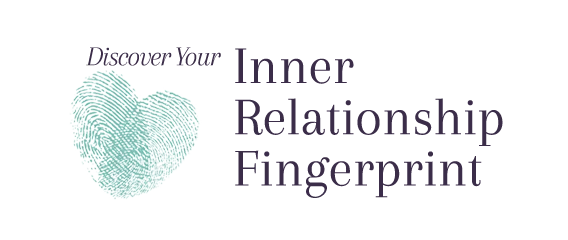 Teal fingerprint shaped like a heart with text reading Discover Your Inner Relationship Fingerprint