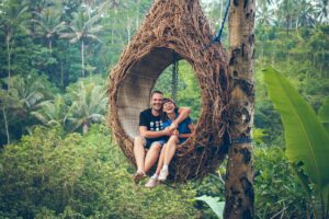 Couple sitting in a nest hanging from a tree.